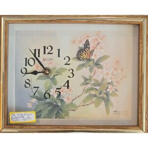 Elgin‎ Vintage MCM Butterfly Floral Mantle Tabletop Clock Wood Grain Frame Works